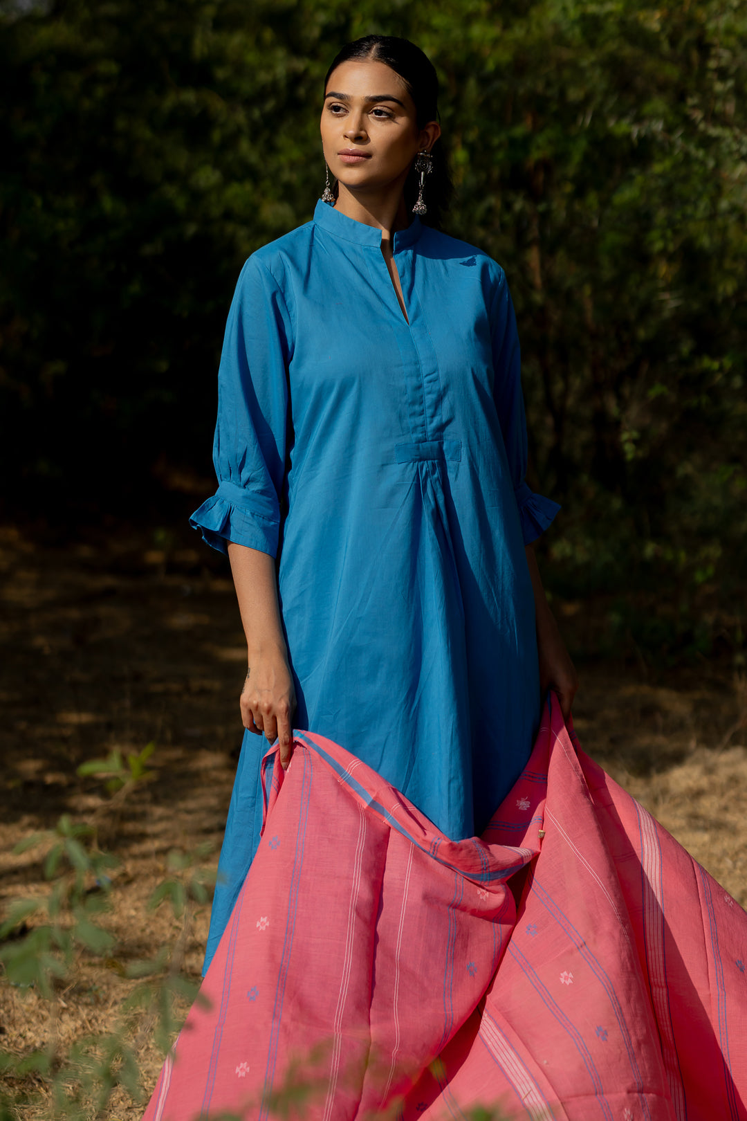 Cyan Blue Kurta Set with Pink Jaamdani Dupatta