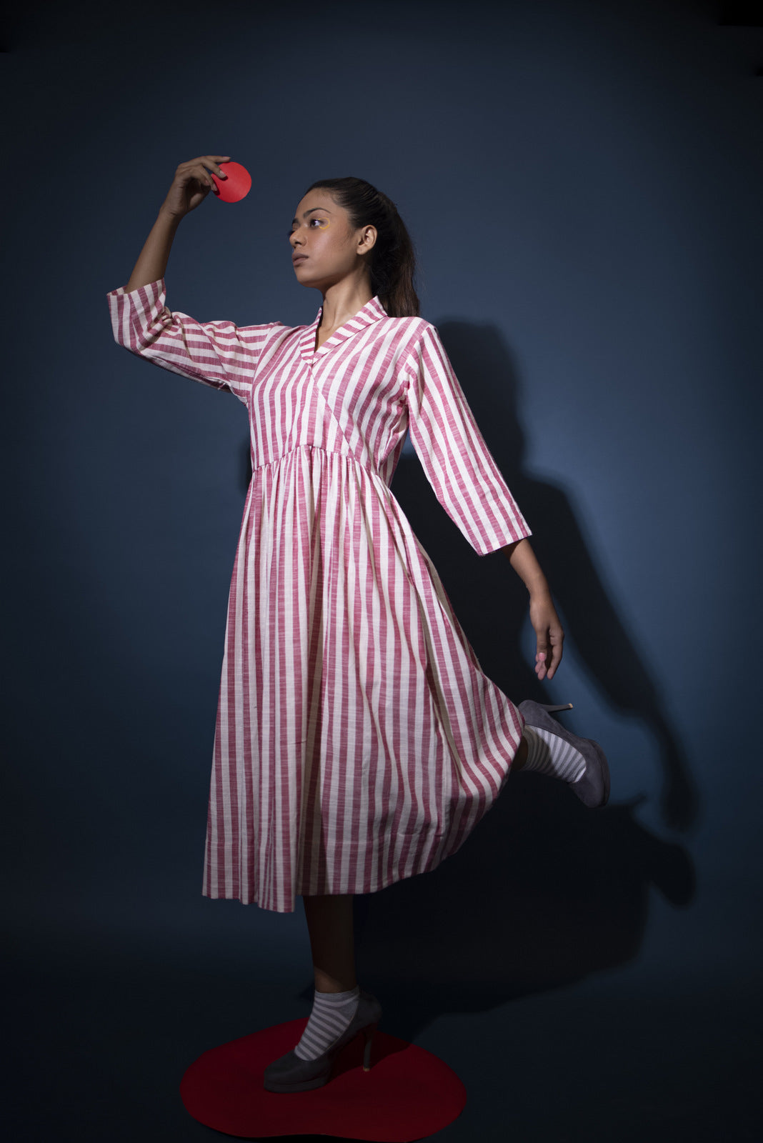 Red White gathered dress