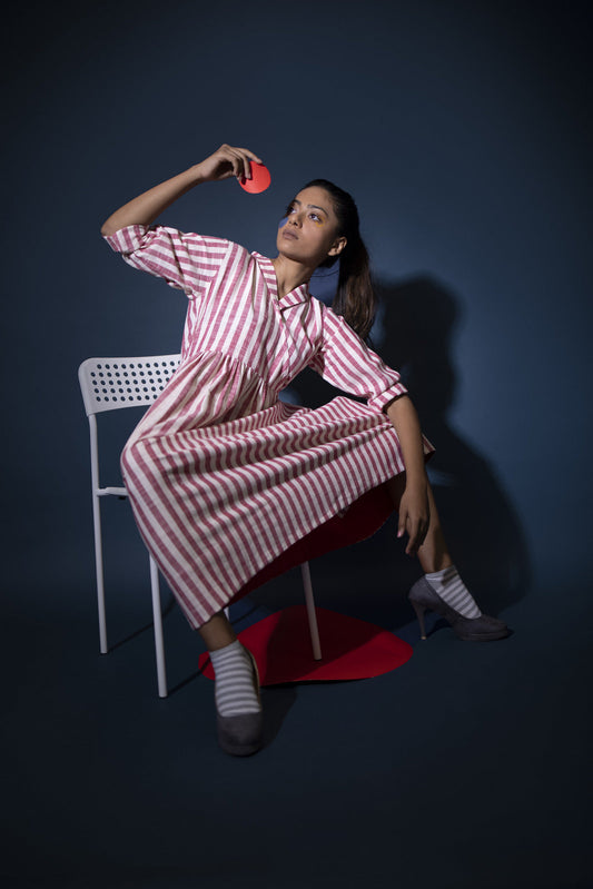 Red White gathered dress