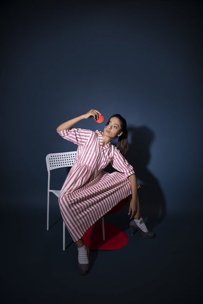 Red White gathered dress