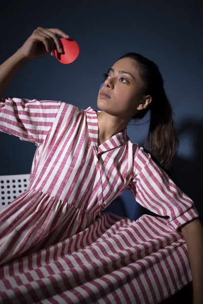 Red White gathered dress