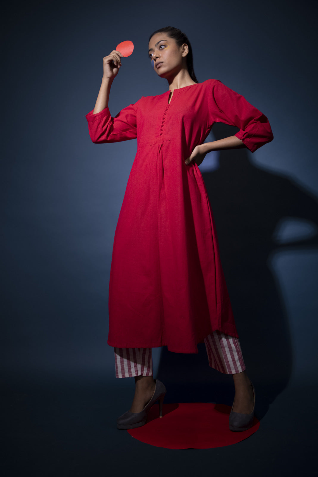 Red Kurta and Striped pants set