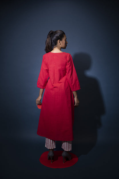 Red Kurta and Striped pants set
