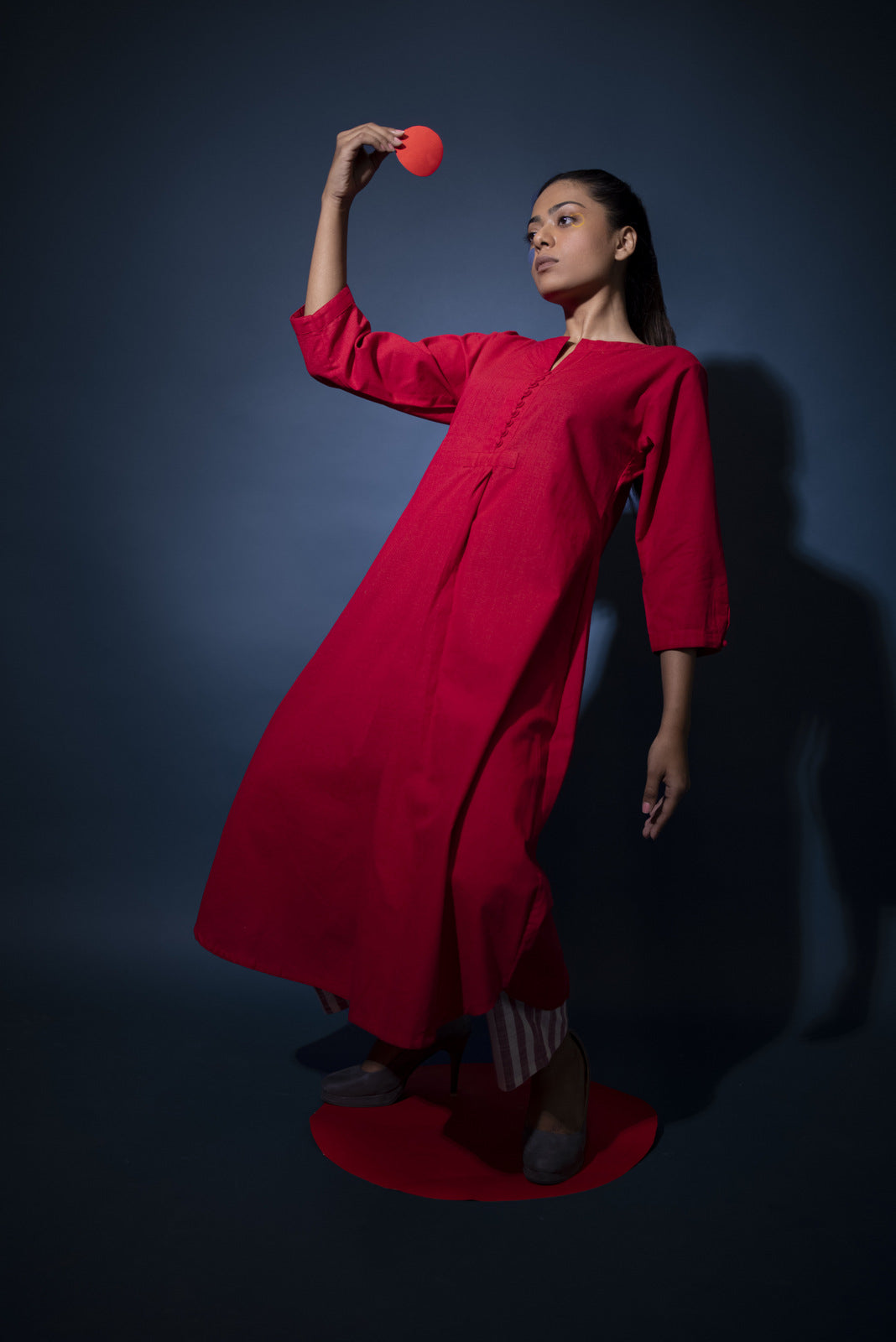 Red Kurta and Striped pants set