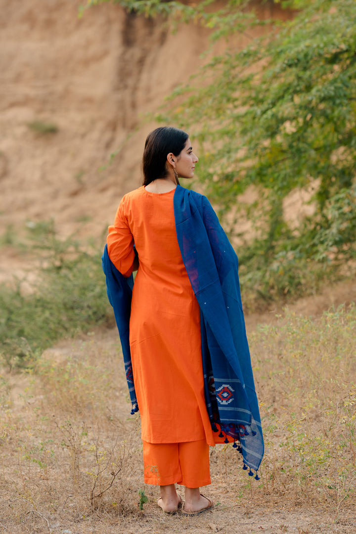 Orange Kurta Set with Blue Jaamdani Dupatta