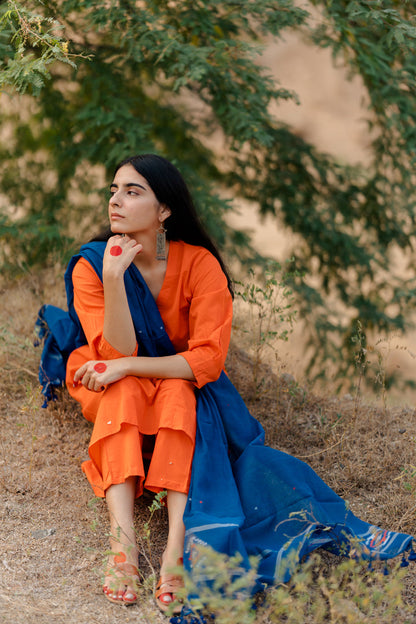 Orange Kurta Set with Blue Jaamdani Dupatta