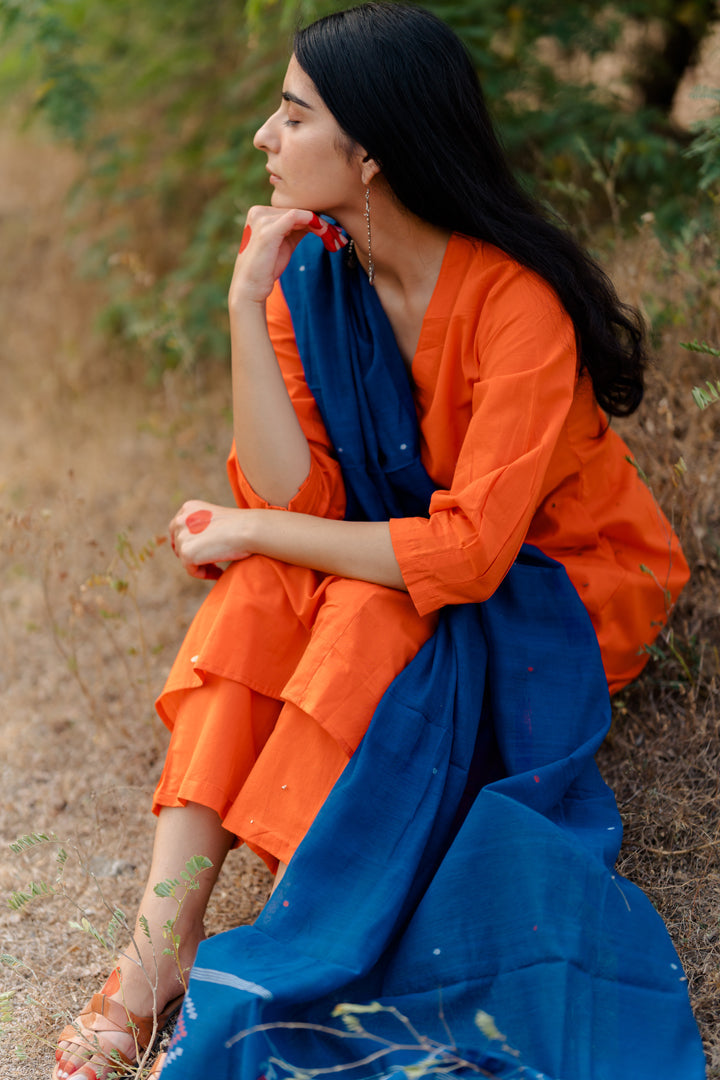 Orange Kurta Set with Blue Jaamdani Dupatta