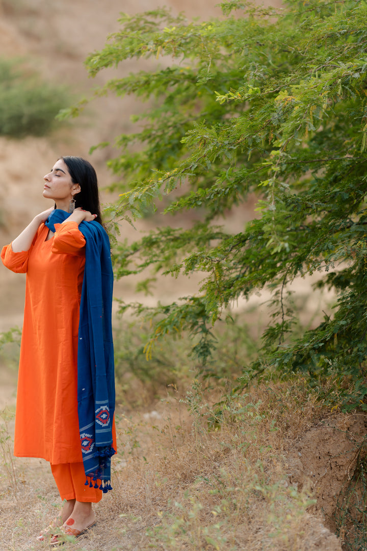 Orange Kurta Set with Blue Jaamdani Dupatta