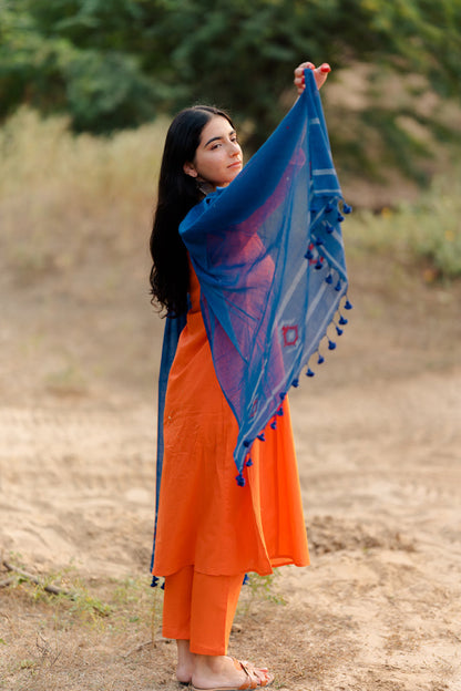 Orange Kurta Set with Blue Jaamdani Dupatta