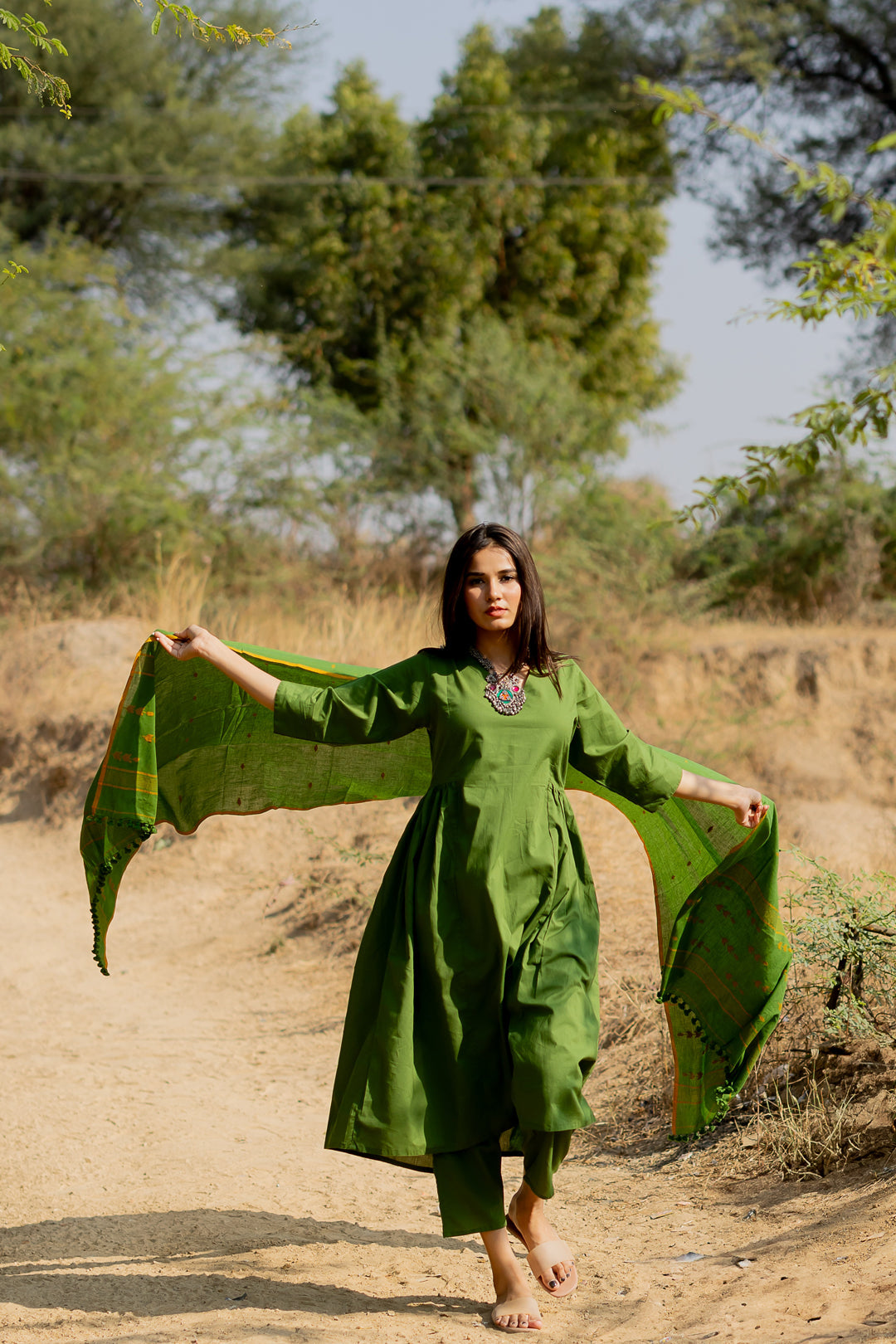 Forest Green Gathered Kurta Set