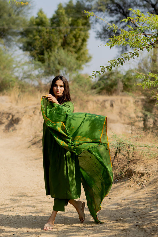 Forest Green Gathered Kurta Set with Jaamdani Dupatta