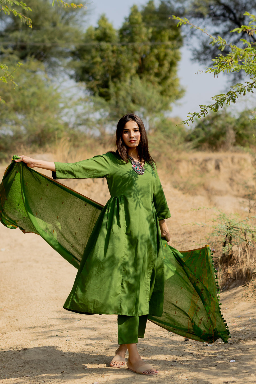 Forest Green Gathered Kurta Set
