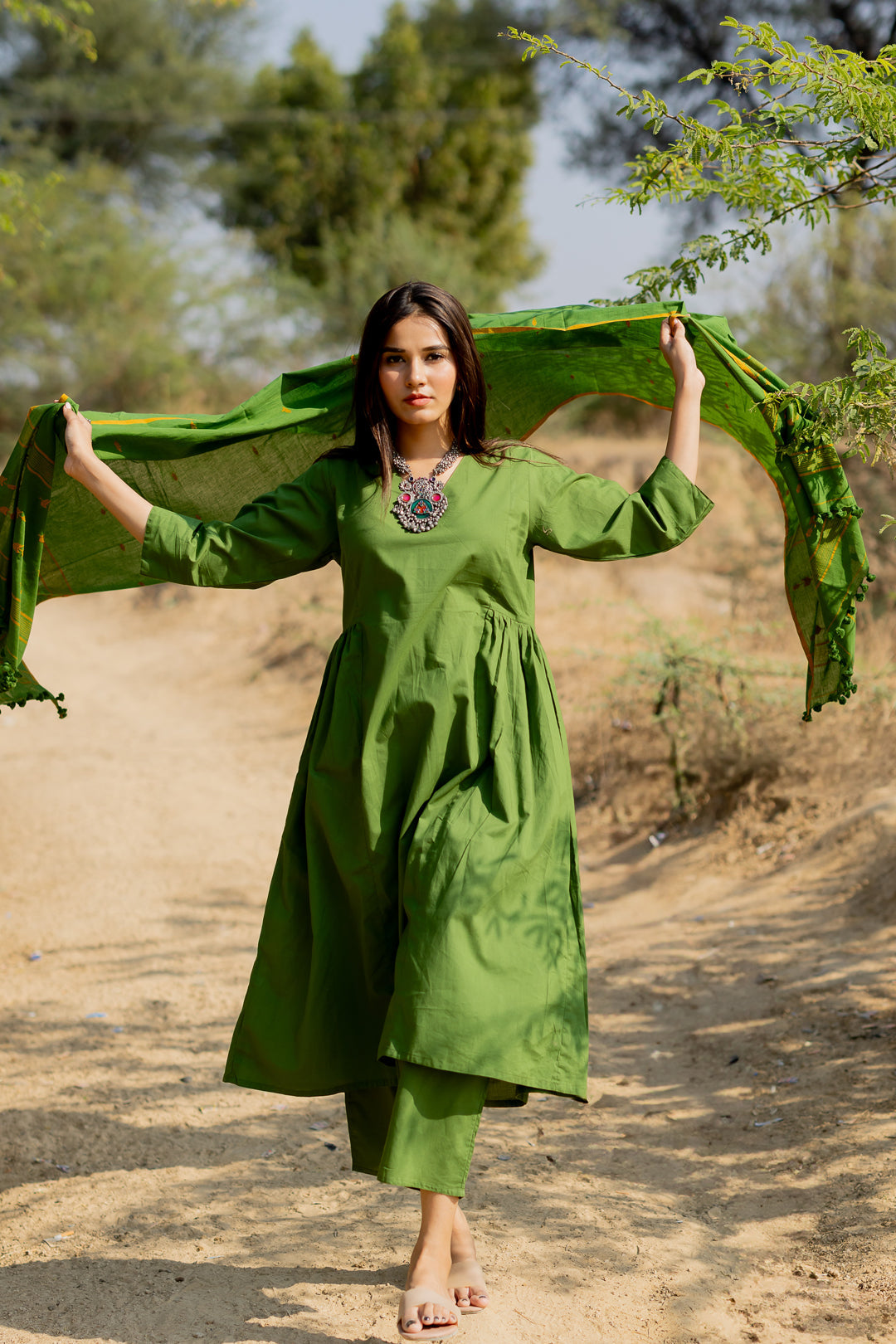 Forest Green Gathered Kurta Set
