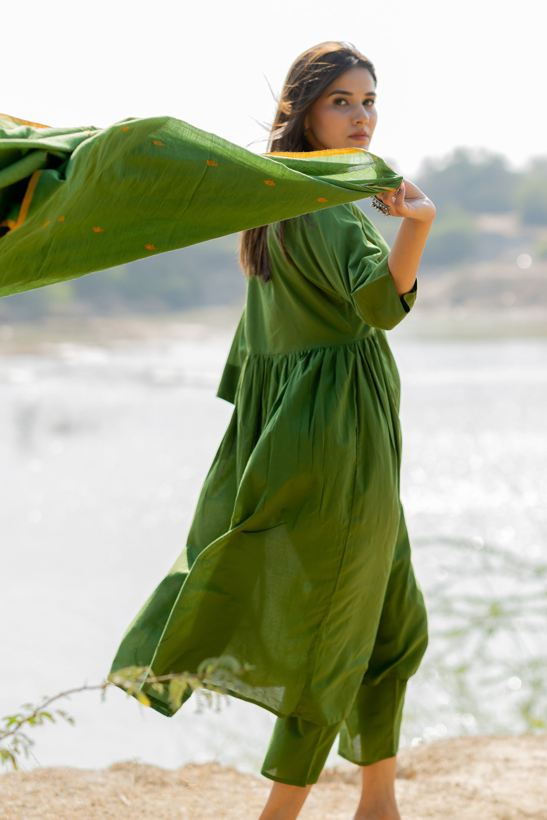 Forest Green Gathered Kurta Set with Jaamdani Dupatta