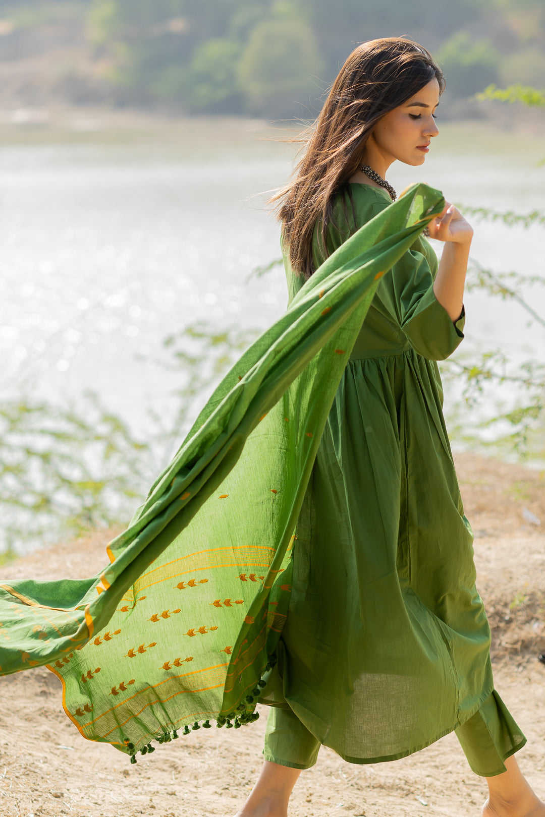Forest Green Gathered Kurta Set with Jaamdani Dupatta