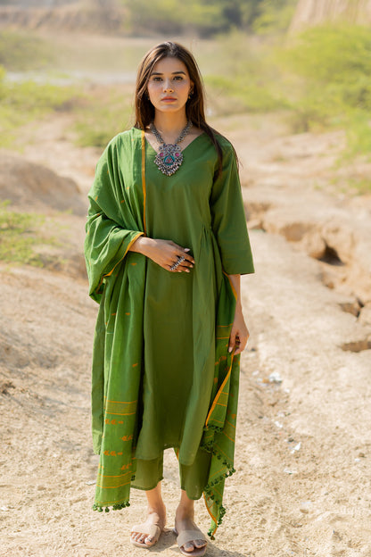 Forest Green Gathered Kurta Set with Jaamdani Dupatta