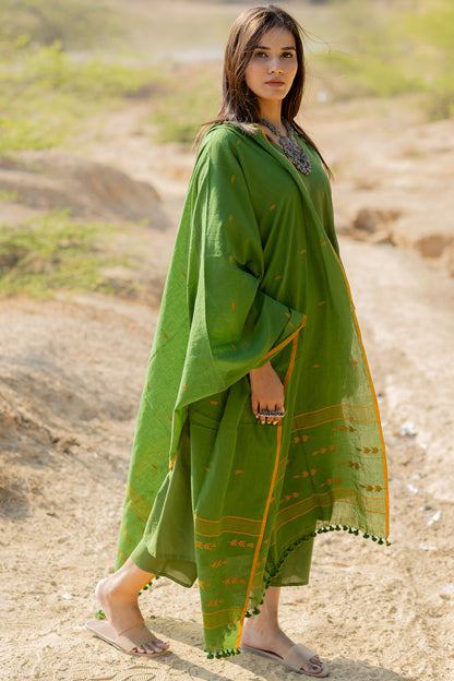 Forest Green Gathered Kurta Set with Jaamdani Dupatta