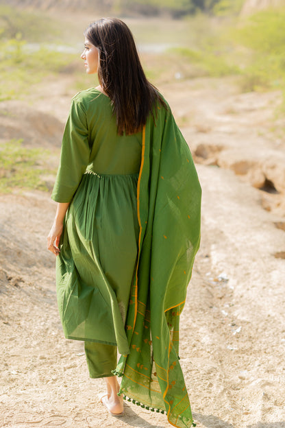 Forest Green Gathered Kurta Set with Jaamdani Dupatta