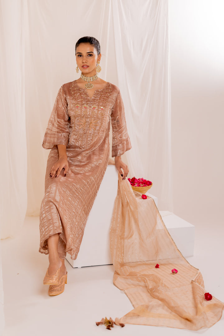 Firduas Striped Kurta Set with Organza Dupatta