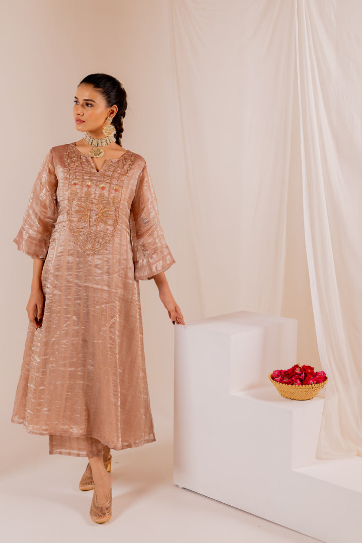 Firduas Striped Kurta Set with Organza Dupatta