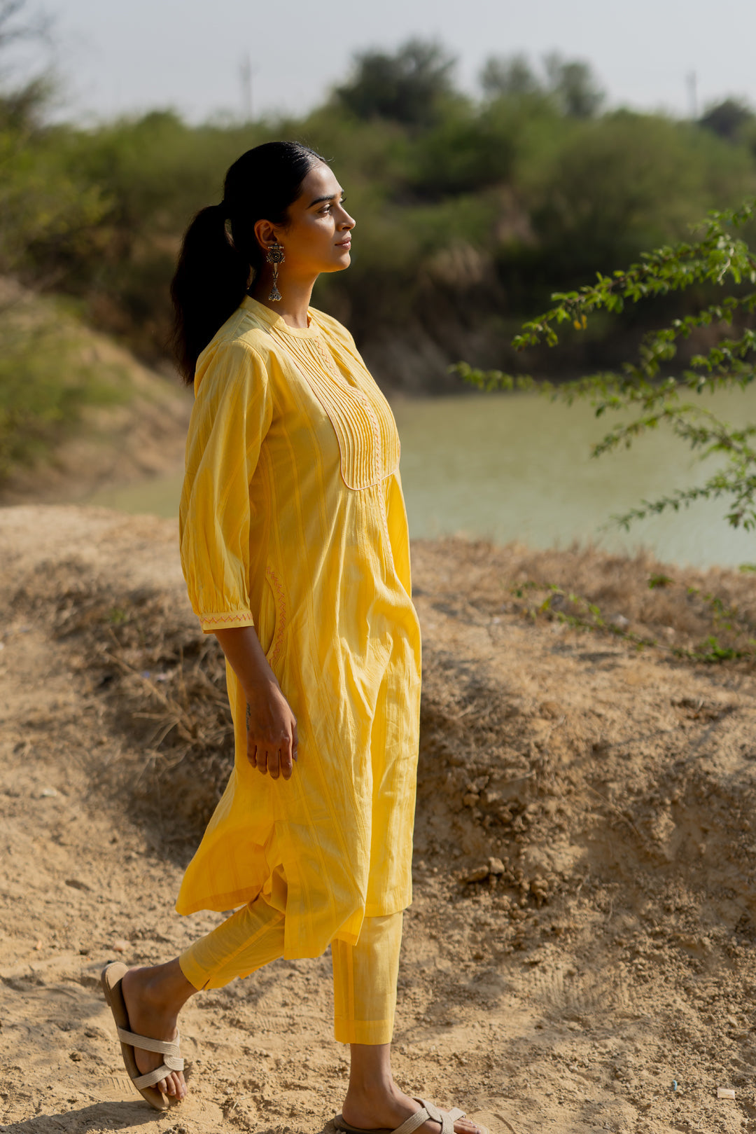 Butter Yellow Pintucks Kurta Set