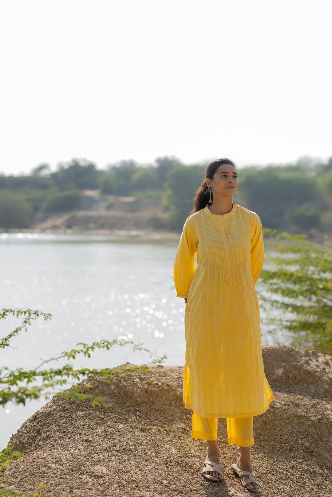 Butter Yellow Pintucks Kurta Set with Peach Jaamdani Dupatta