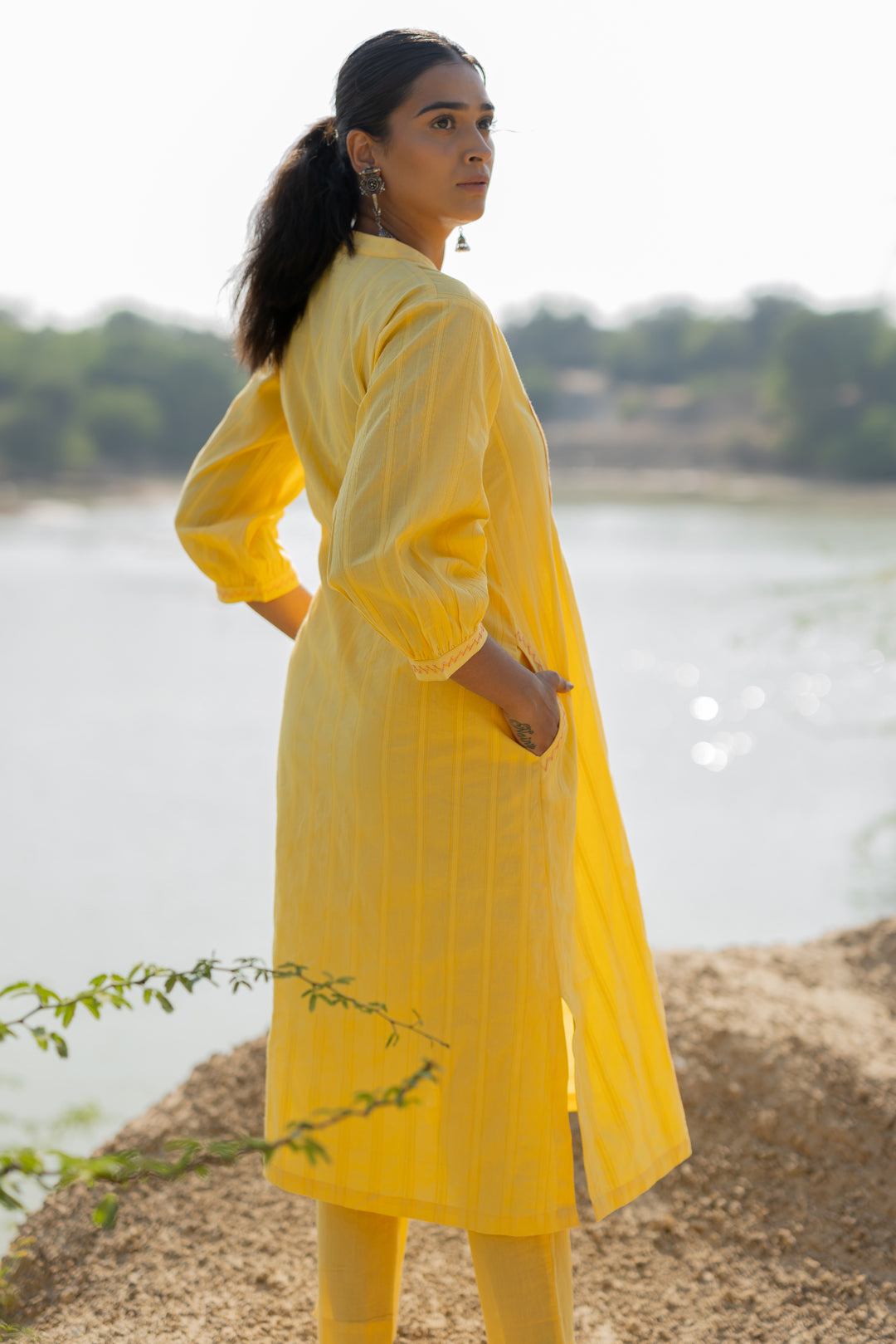 Butter Yellow Pintucks Kurta Set with Peach Jaamdani Dupatta