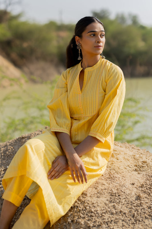 Butter Yellow Pintucks Kurta Set
