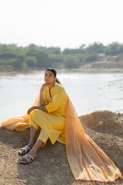 Butter Yellow Pintucks Kurta Set with Peach Jaamdani Dupatta