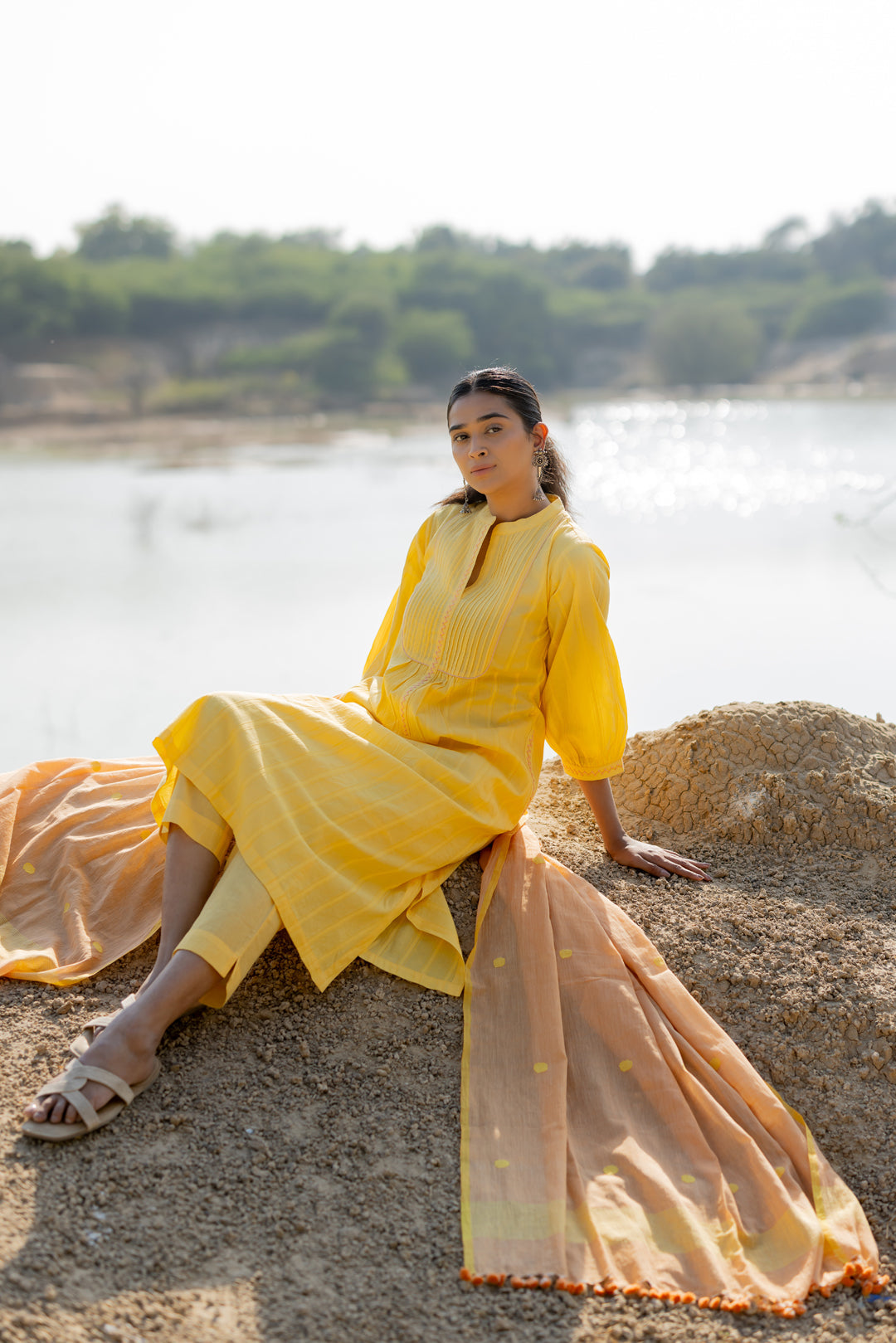 Butter Yellow Pintucks Kurta Set with Peach Jaamdani Dupatta