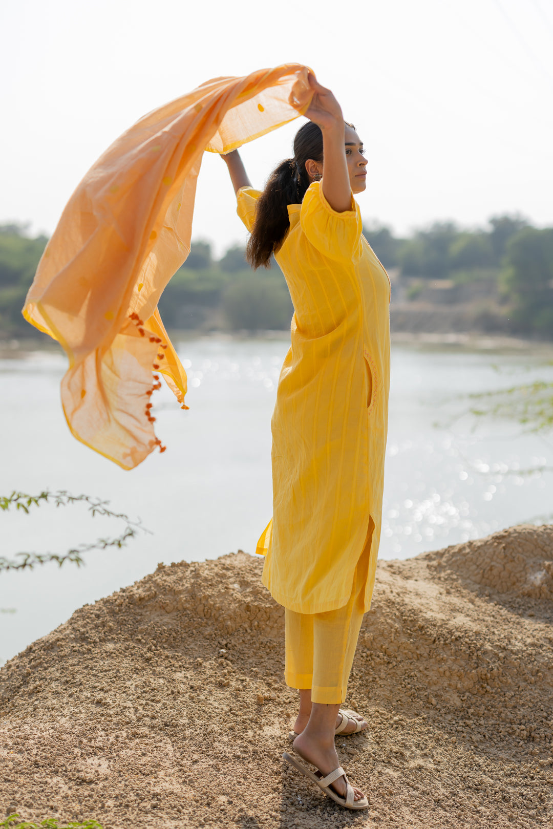 Butter Yellow Pintucks Kurta Set with Peach Jaamdani Dupatta