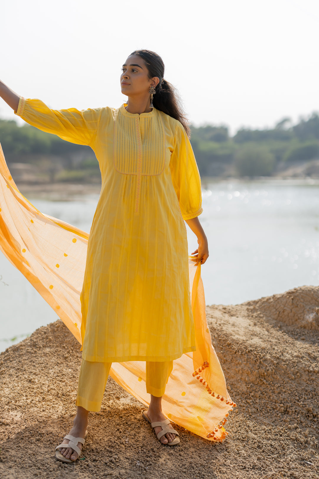 Butter Yellow Pintucks Kurta Set