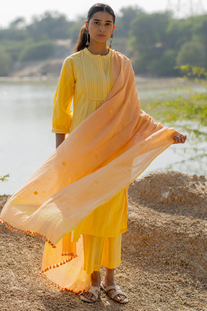Butter Yellow Pintucks Kurta Set with Peach Jaamdani Dupatta