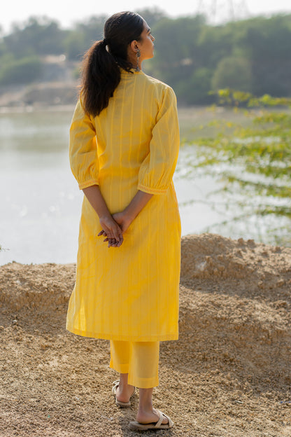 Butter Yellow Pintucks Kurta Set with Peach Jaamdani Dupatta