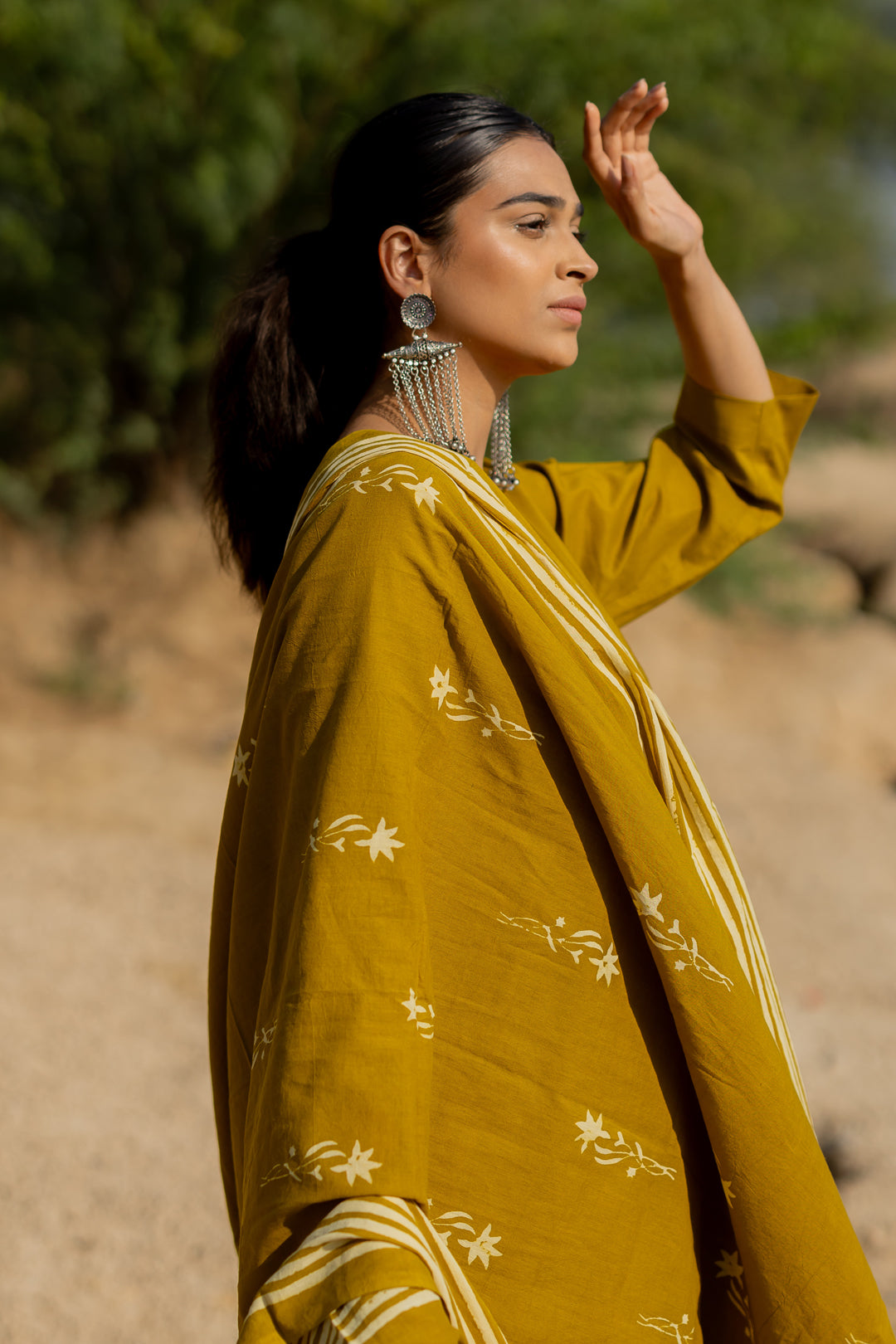 Henna Green Gathered Kurta Set with Block Printed Dupatta