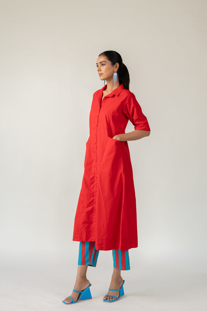 Scarlet Stride Shirt Dress with Striped Pants