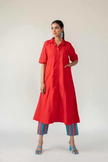 Scarlet Stride Shirt Dress with Striped Pants