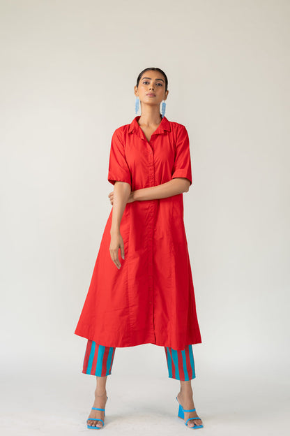 Scarlet Stride Shirt Dress with Striped Pants