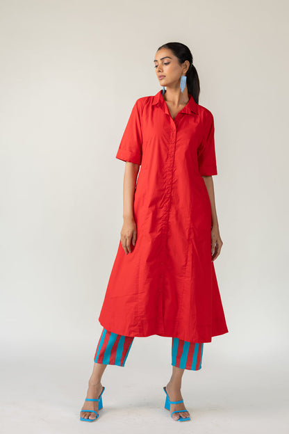Scarlet Stride Shirt Dress with Striped Pants