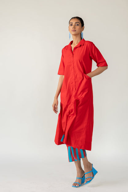 Scarlet Stride Shirt Dress with Striped Pants