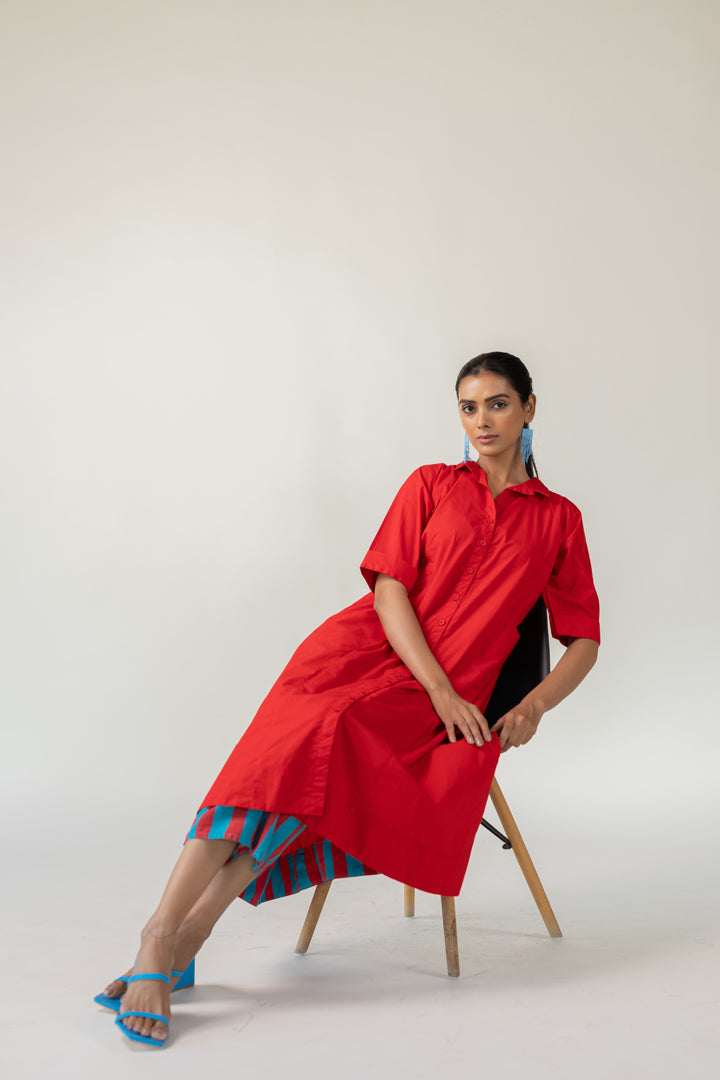 Scarlet Stride Shirt Dress with Striped Pants