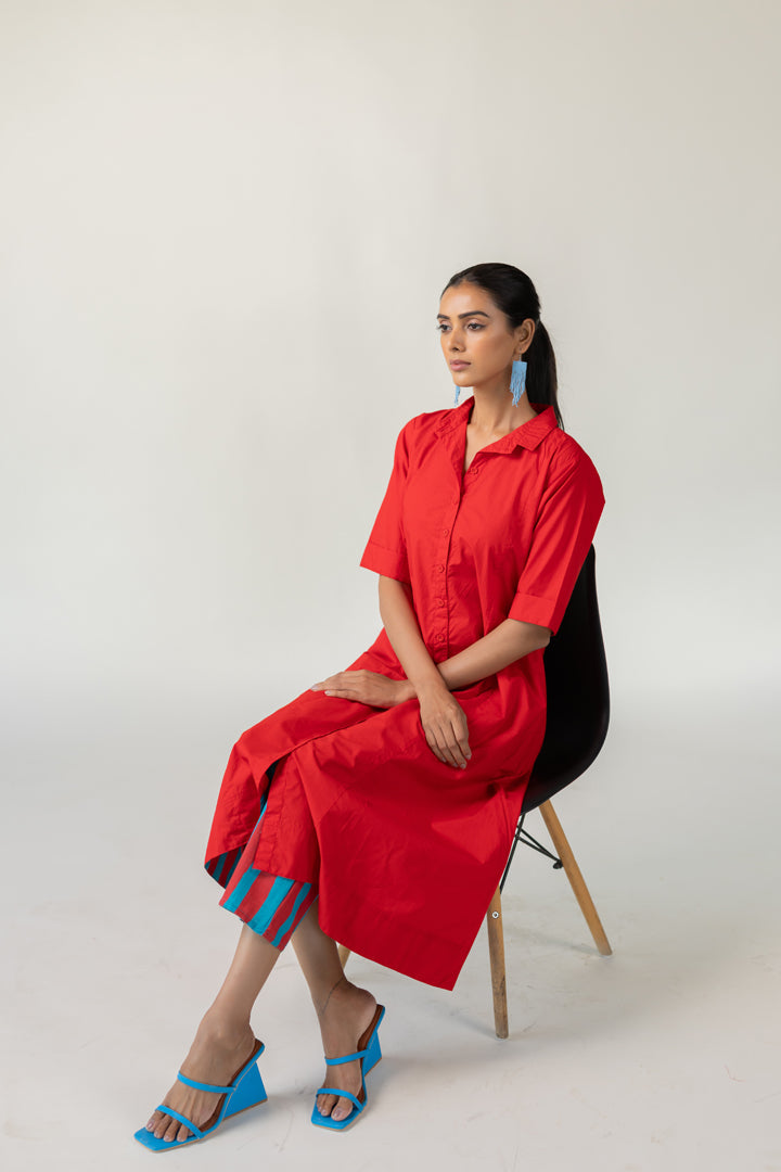 Scarlet Stride Shirt Dress with Striped Pants