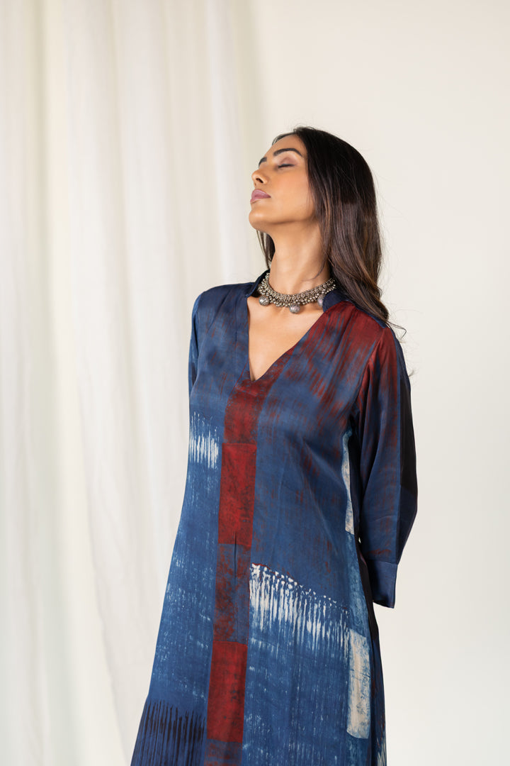 Navy Crimson Streak Modal Silk Kurta Set