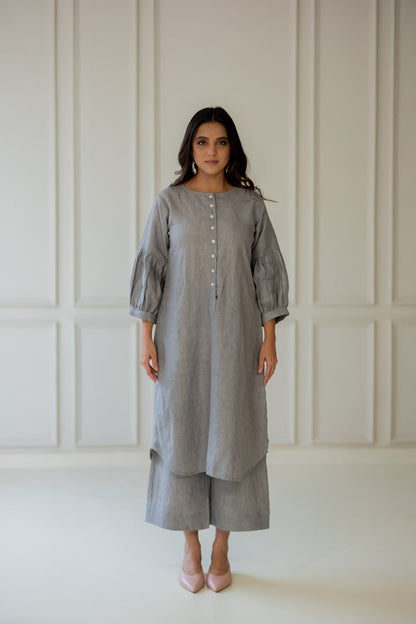 Grey Iris Linen Kurta Set with Dupatta