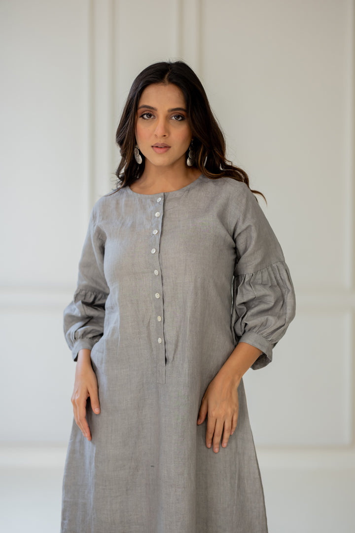 Grey Iris Linen Kurta Set with Dupatta