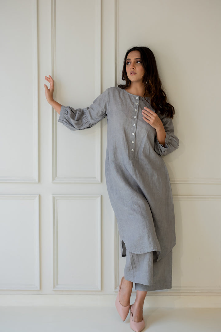 Grey Iris Linen Kurta Set with Dupatta