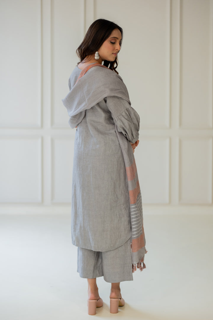 Grey Iris Linen Kurta Set with Dupatta