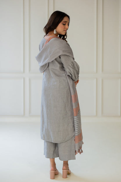 Grey Iris Linen Kurta Set with Dupatta