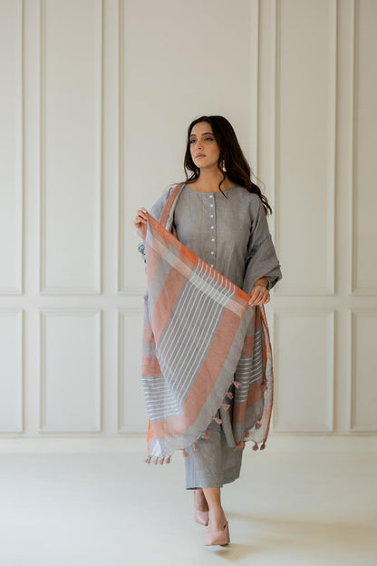 Grey Iris Linen Kurta Set with Dupatta