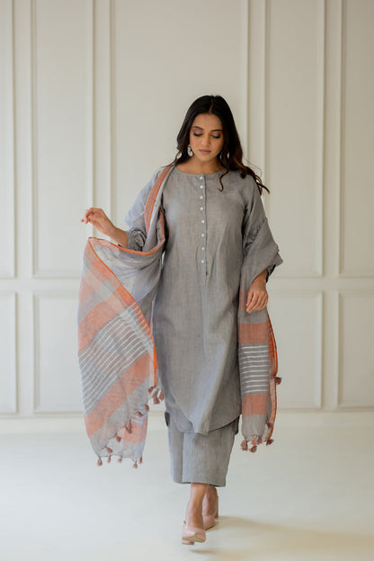 Grey Iris Linen Kurta Set with Dupatta